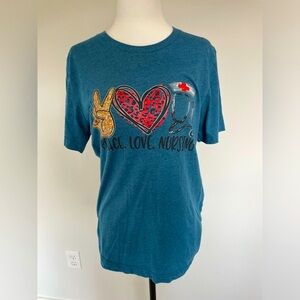 Bella Canvas Peace Love Nursing Blue Tee Shirt - Size Small